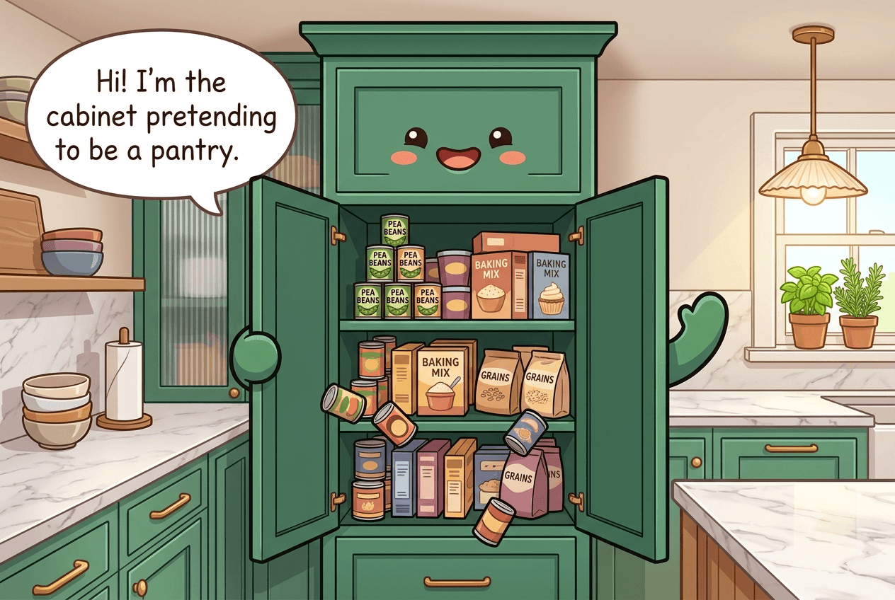 Chibi tall pantry cabinet character with double doors open like arms, deep shelves of cans and boxes, an eager slightly overstuffed smile