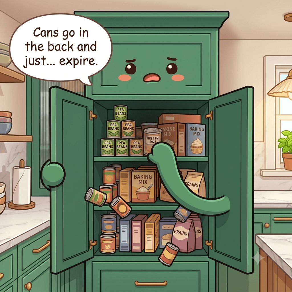The pantry cabinet character showing deep shelves where cans and boxes at the back disappear into shadow