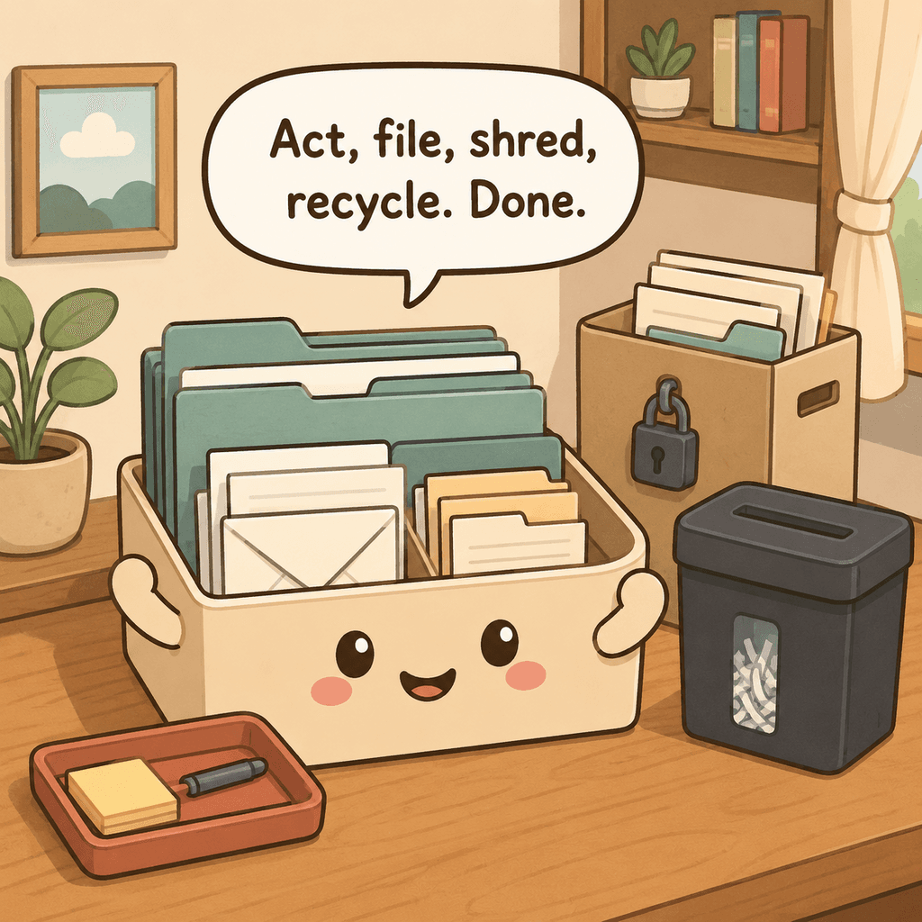 The paperwork tray character smiles beside a small action tray, broad labeled folders, a secure originals box, and a shredding bin