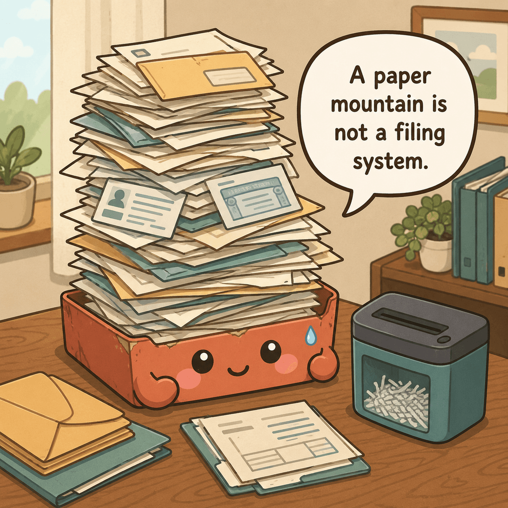 The paperwork tray character looks worried beside a wet counter, exposed sensitive documents, an overflowing shred pile, and mixed irreplaceable originals