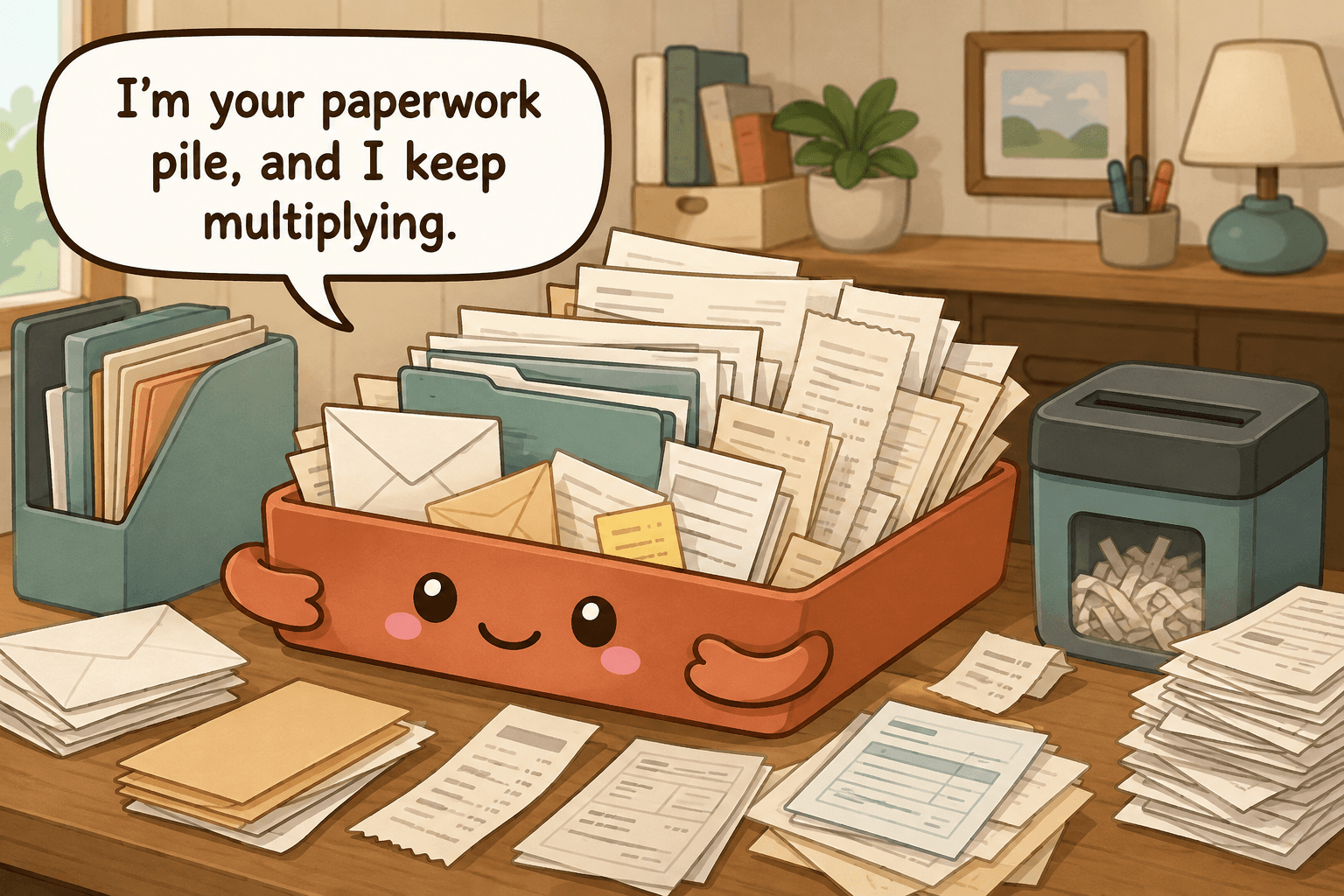 Chibi household file tray character surrounded by mail, receipts, school forms, envelopes, and a few clearly labeled folders