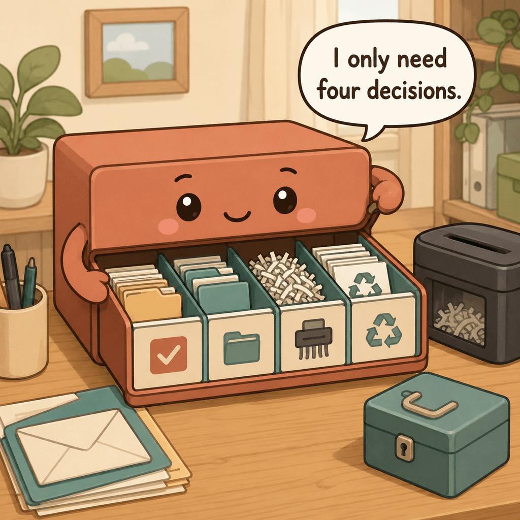 The paperwork tray character shows four routes for incoming paper: act, file, shred, and recycle, with a small stack in each