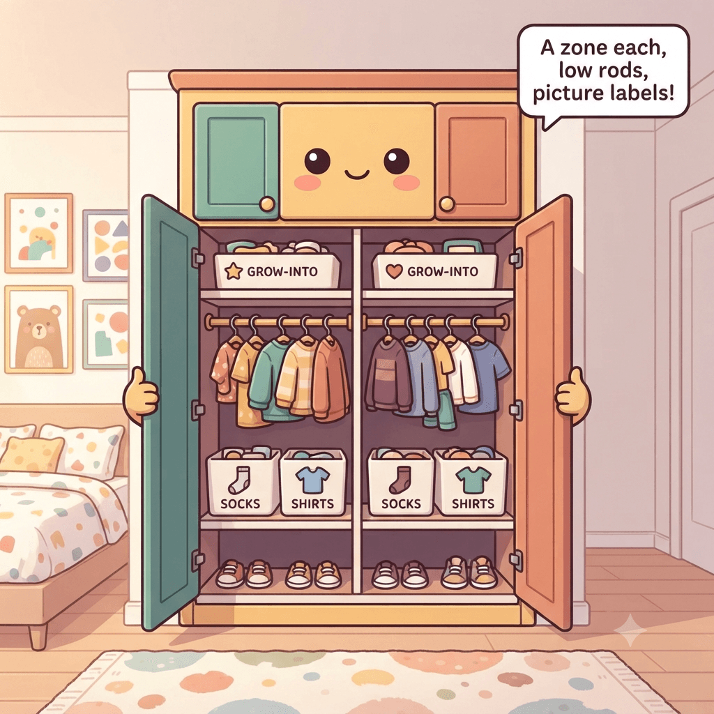 The kids' closet character cheerful, split into two equal labeled zones with low rods, picture-labeled bins and a grow-into bin up top