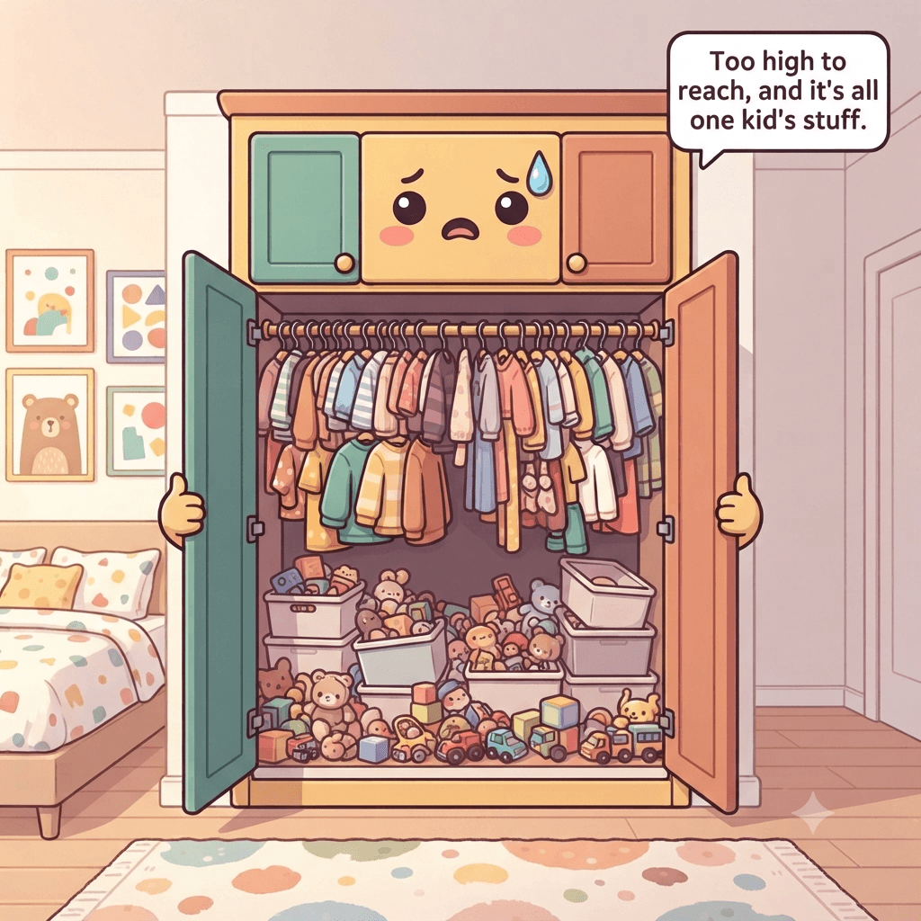 The kids' closet character overwhelmed, one child's clothes taking over, a high unreachable rod, unlabeled bins and toys covering the floor