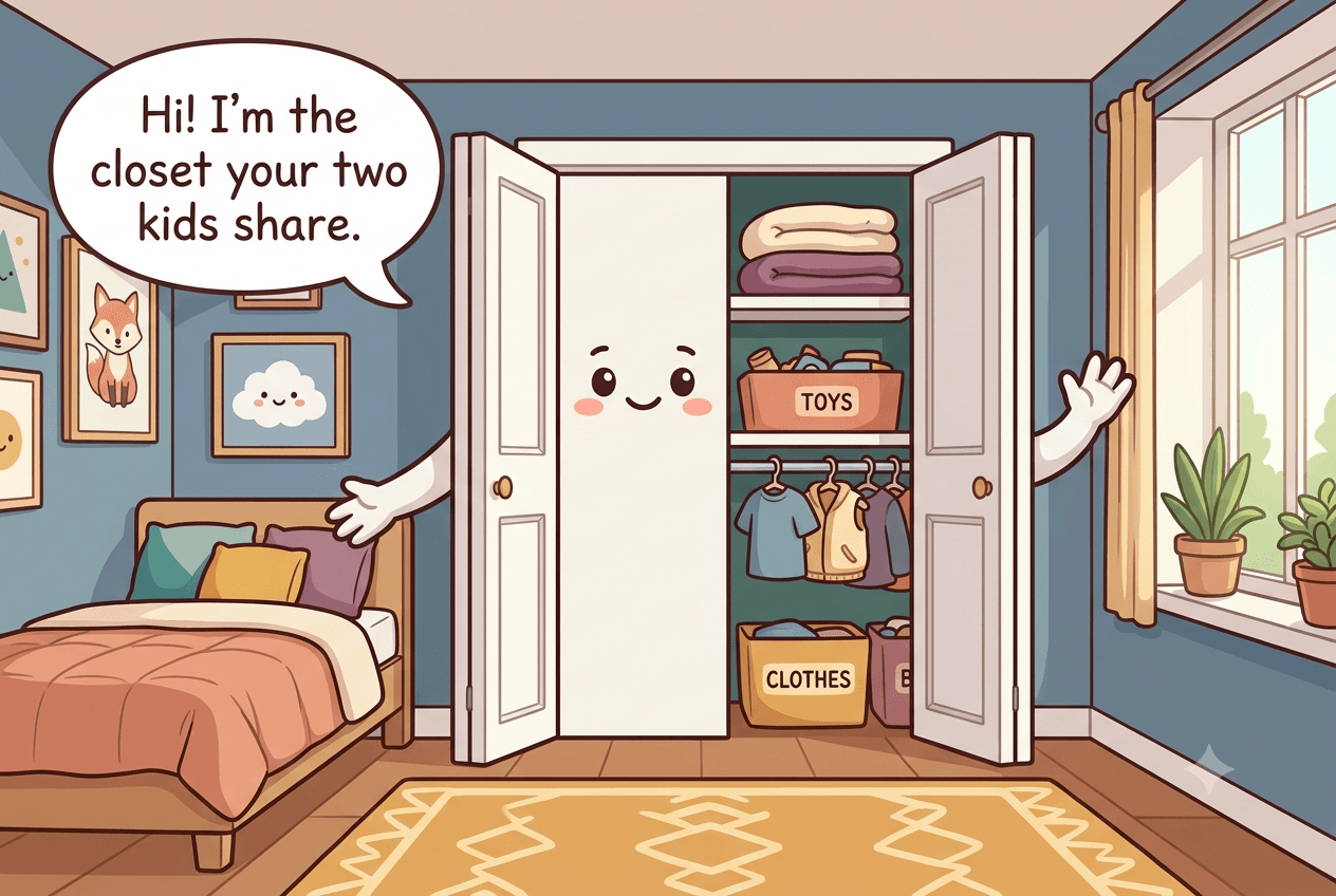 Chibi kids' closet character with bifold doors open like arms, a low rod, labeled bins, and a cheerful face