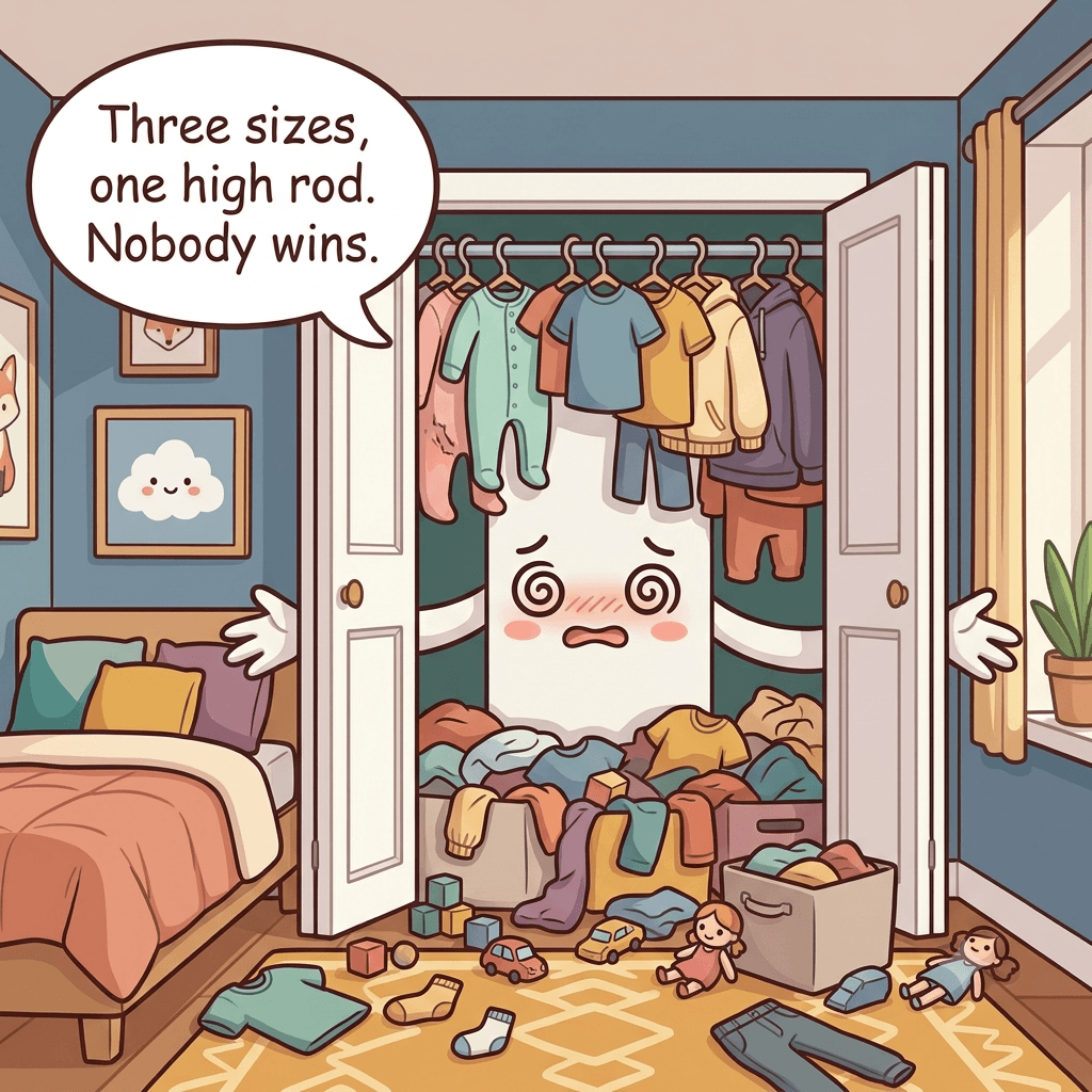 The kids' closet character crammed with three mixed sizes on one high rod and toys and clothes piled on the floor