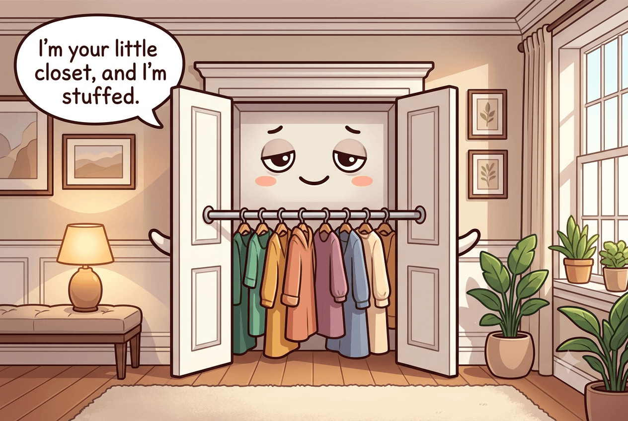 Chibi reach-in closet character with bifold doors, an overfull clothes rod and shirts spilling out, looking tired but friendly