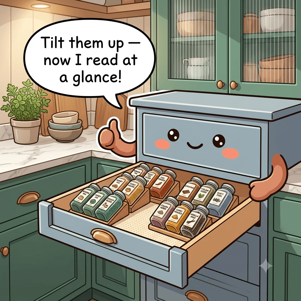 The spice drawer character pleased, jars laid in an angled tiered insert with every label facing up and readable