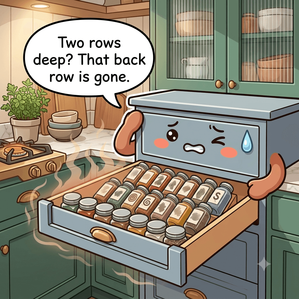 The spice drawer character wincing at jars stacked two rows deep with unlabeled lids, crammed in beside a hot stove