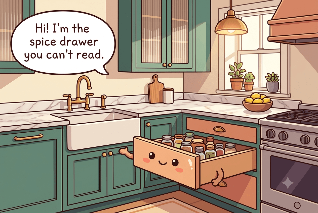 Chibi kitchen spice drawer character pulled open, little jars lined up like teeth, a tidy friendly face