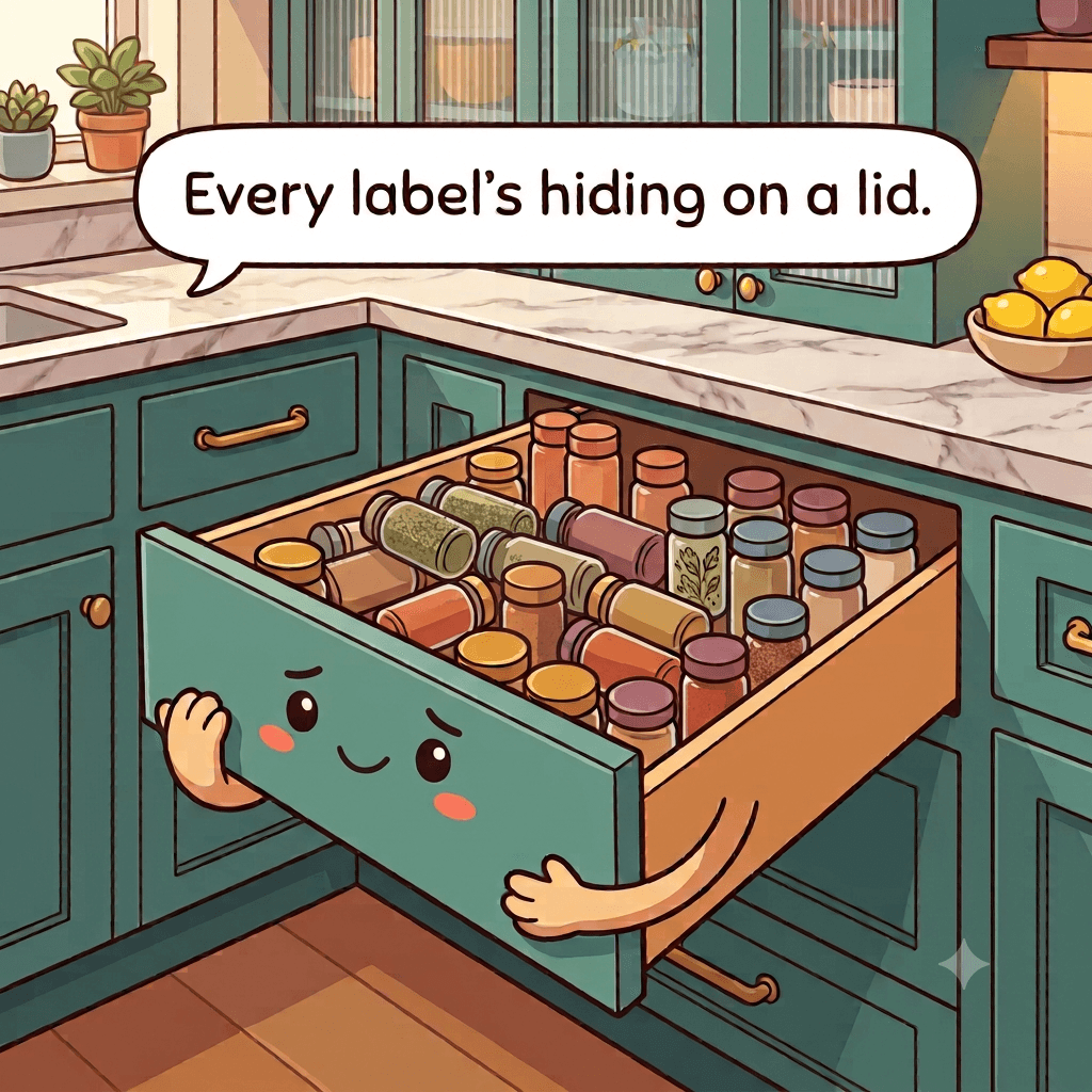 The spice drawer character pulled open to show jars crammed in every direction with the labels hidden on lids and sides