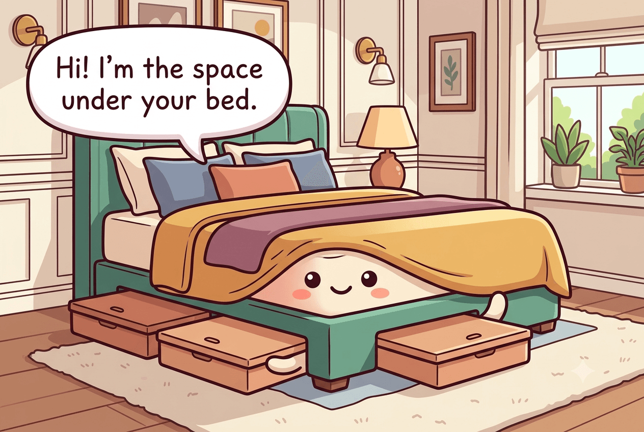 Chibi under-bed storage character peeking out from under a bed frame with two flat lidded bins for arms