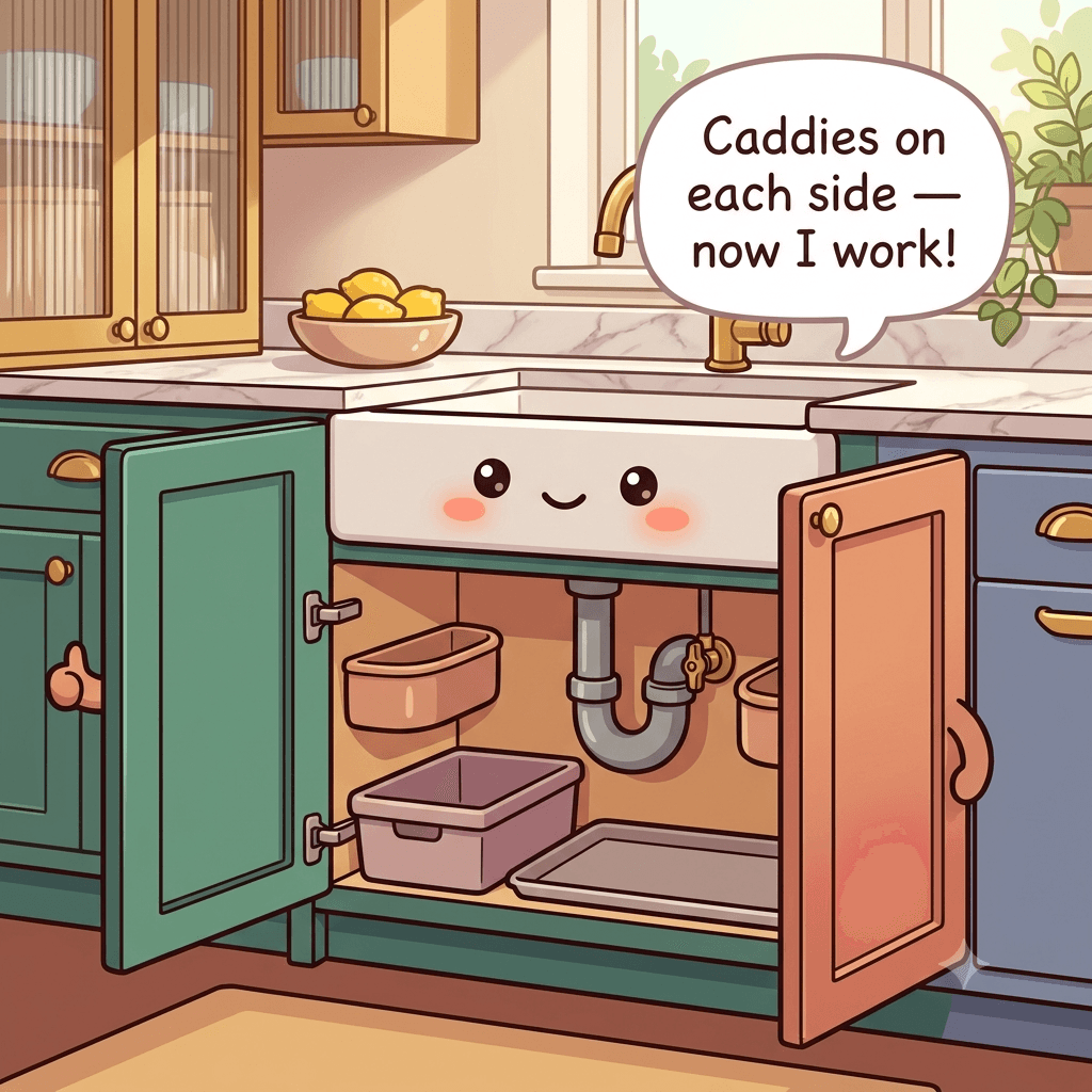 The cabinet character content, with small caddies set on each side of the pipes and a clear path to the valve