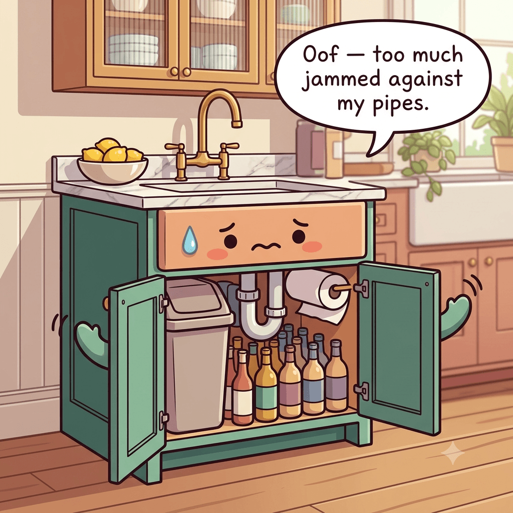 The cabinet character overstuffed with one oversized bin crammed against the pipes and paper towels tucked inside