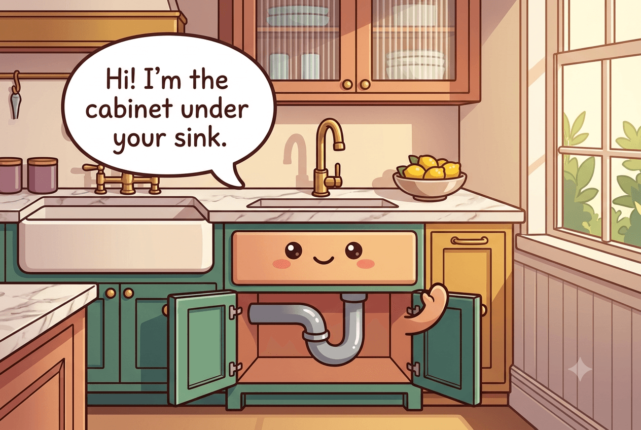Chibi under-sink cabinet character with open doors and a U-bend pipe across its belly, waving hello