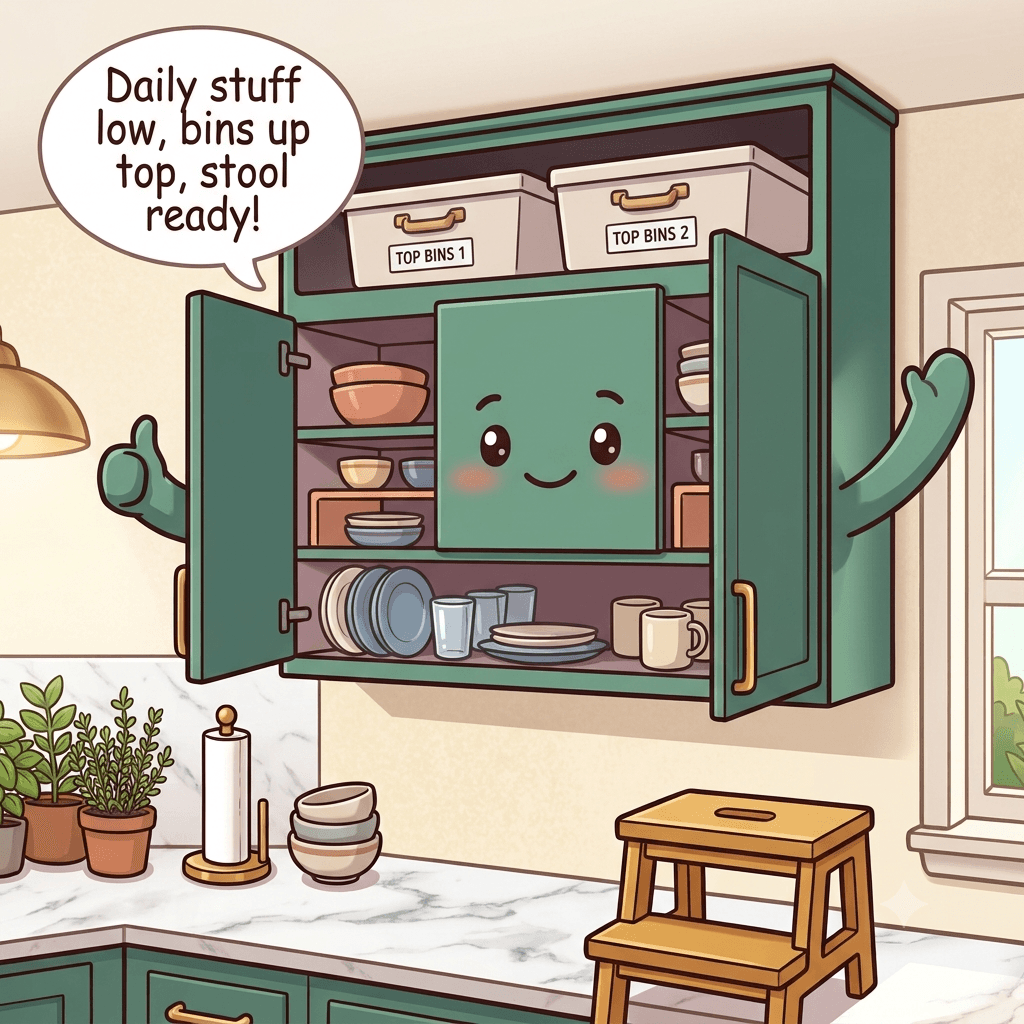 The upper cabinets character pleased, everyday dishes at reach height, labeled handled bins on the top shelf, a step stool ready below