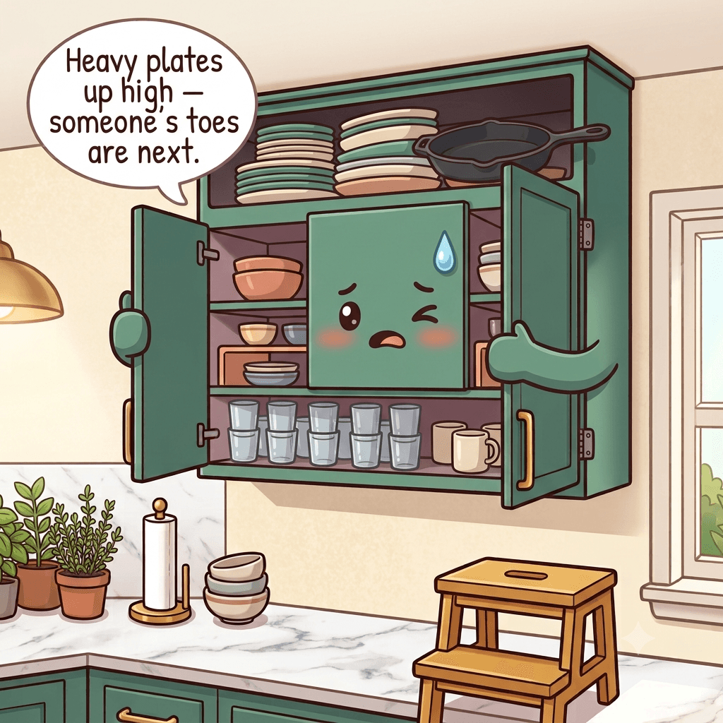The upper cabinets character straining as a heavy stack of plates teeters on the top shelf and glasses hide in a buried back row