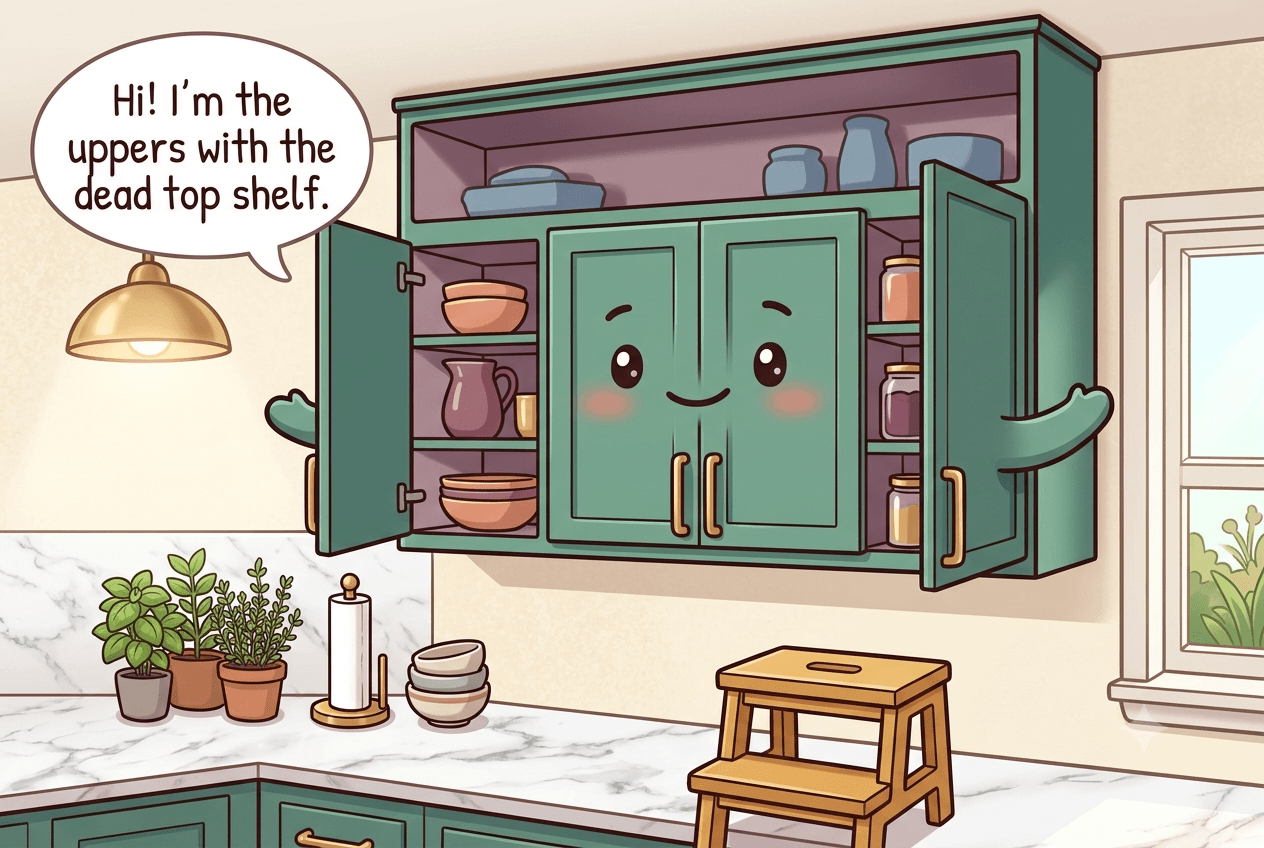 Chibi row of upper kitchen wall cabinets with open doors for arms, a tall friendly face, and a shadowed out-of-reach top shelf