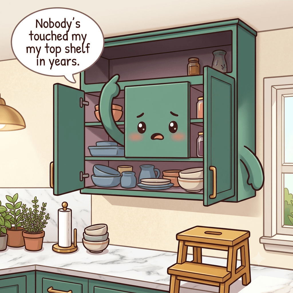 The upper cabinets character showing a crammed easy-to-reach shelf and a shadowy top shelf with forgotten items pushed to the back