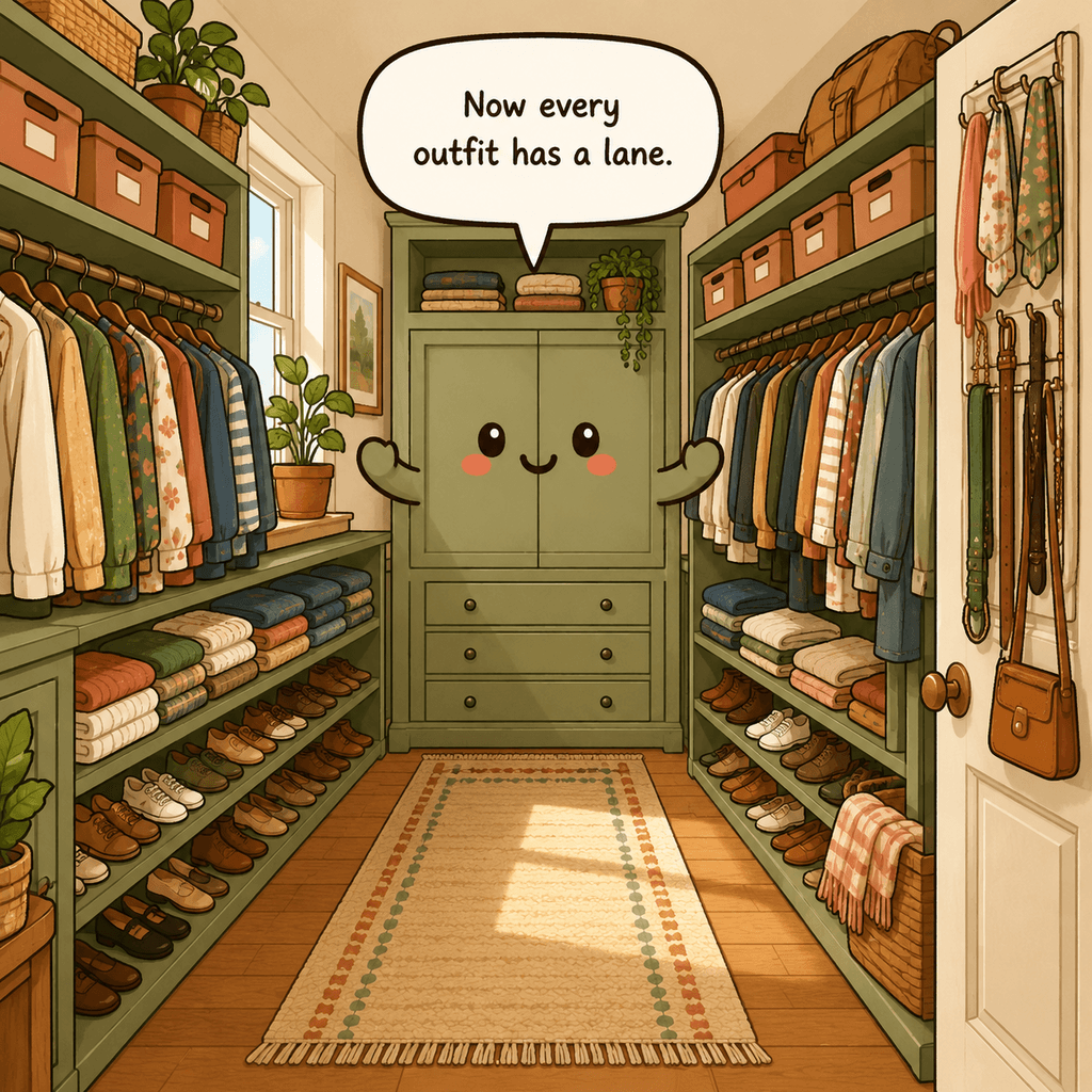 The closet character looks relieved with separate hanging zones, low shoe shelves, labeled upper bins, and a clear center aisle