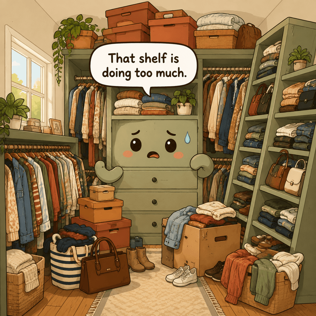 The closet character looks strained under heavy top boxes, jammed rods, blocked floor space, and a leaning tall shelf