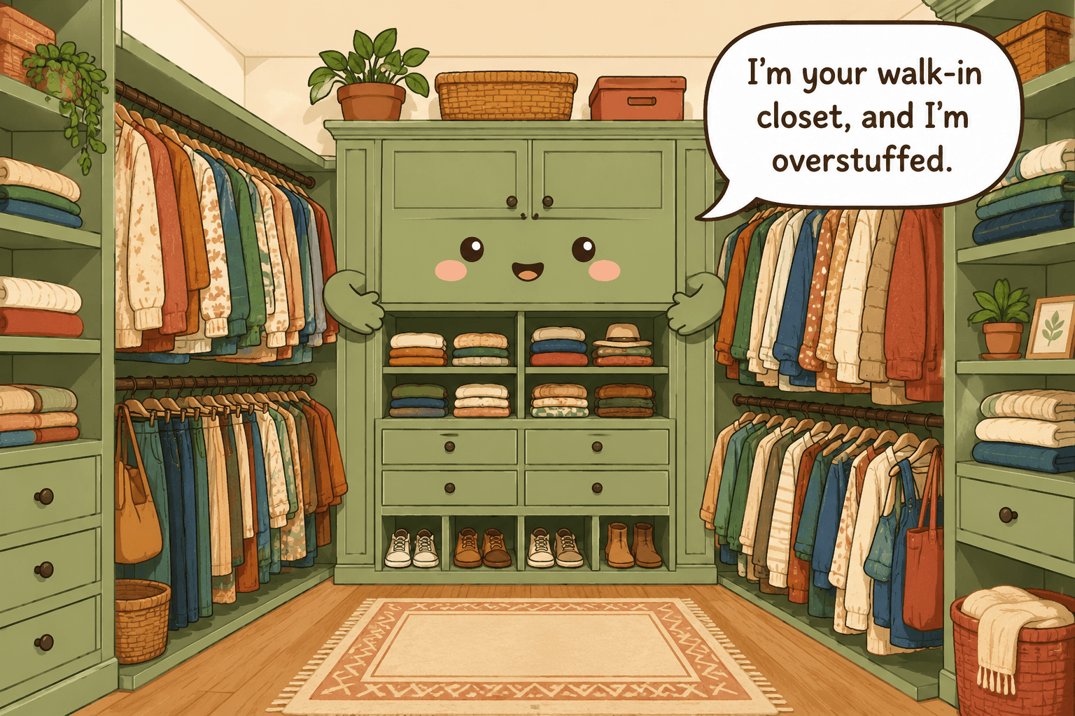 Chibi walk-in closet character surrounded by crowded rods, shoe piles, and folded clothes while keeping a narrow walking path visible