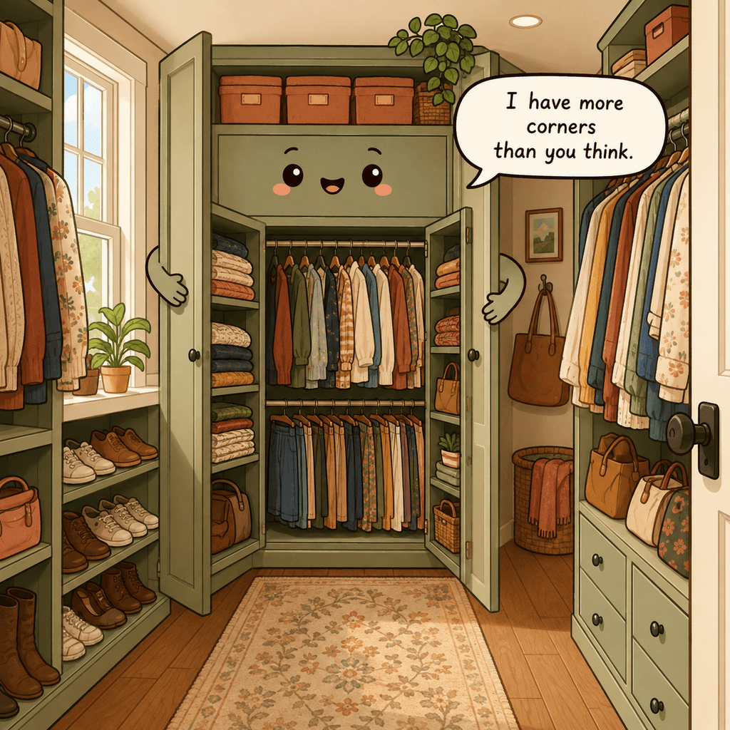 The closet character opens its crowded interior to show narrow walking space, two hanging rods, upper shelves, and an unused door