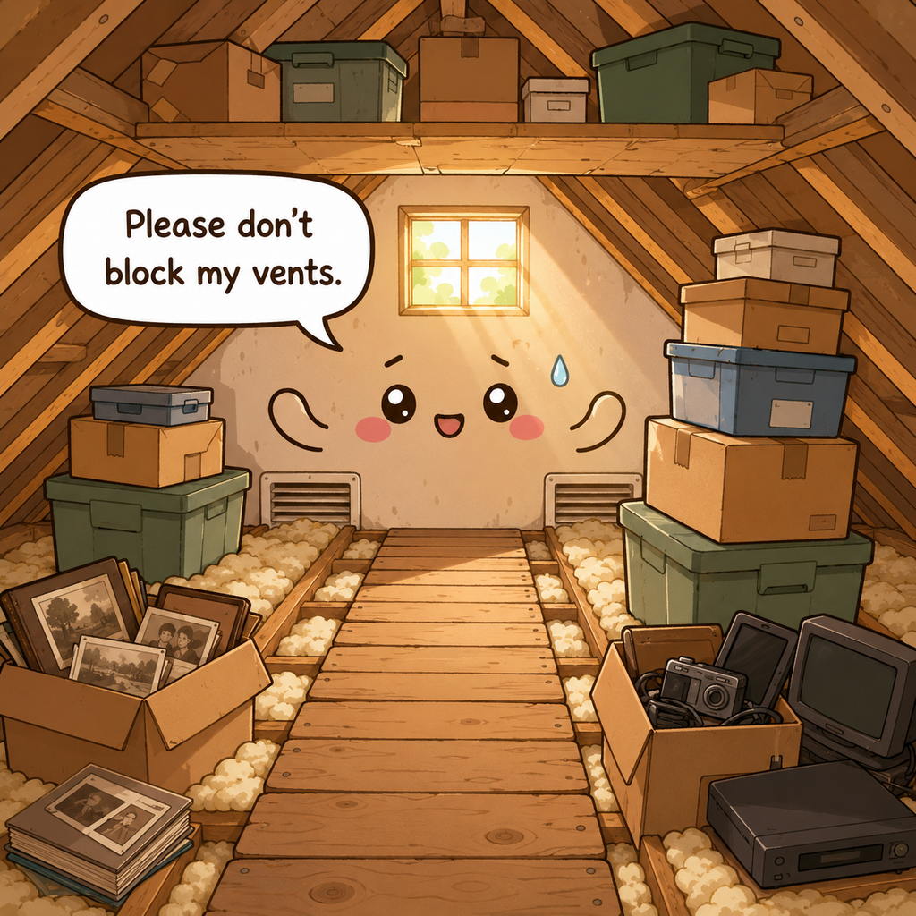The attic character looks alarmed by boxes on ceiling drywall, blocked vents, tall unstable stacks, and sensitive photos and electronics stored in heat