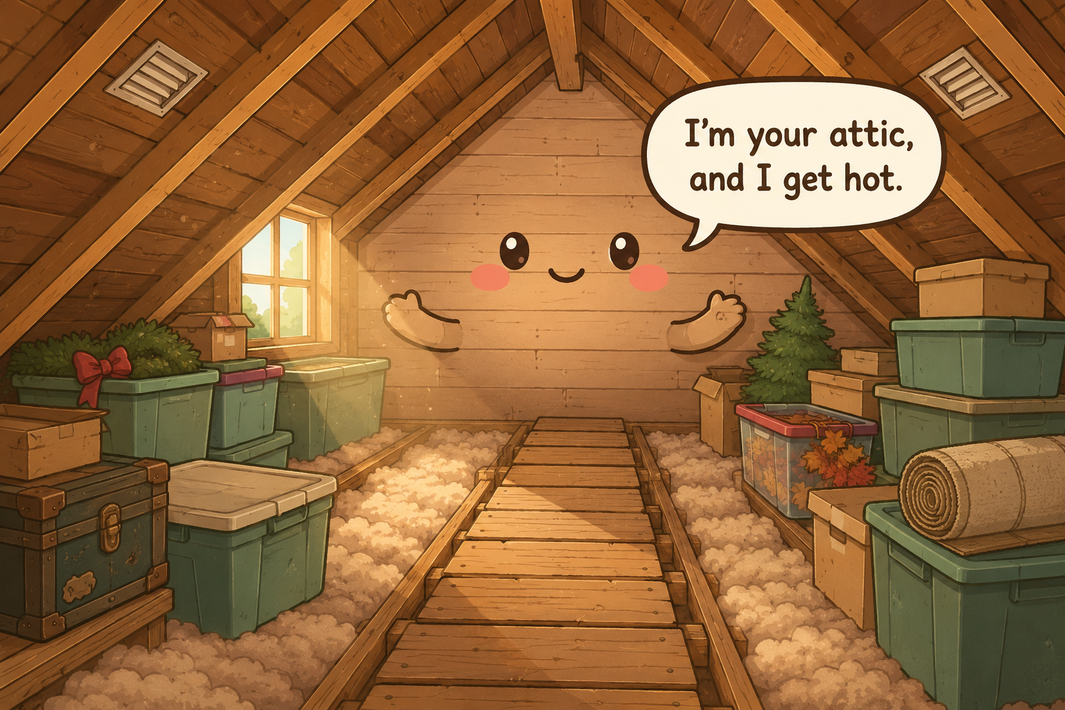 Chibi attic character under sloped rafters with storage bins, visible joists, a narrow boarded path, vents, and warm dusty light