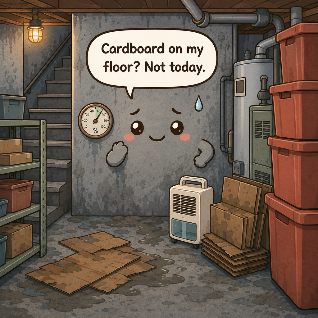 The basement character looks distressed by soggy cardboard on the floor, blocked utility equipment, tall stacks, and a humidity reading above the target range