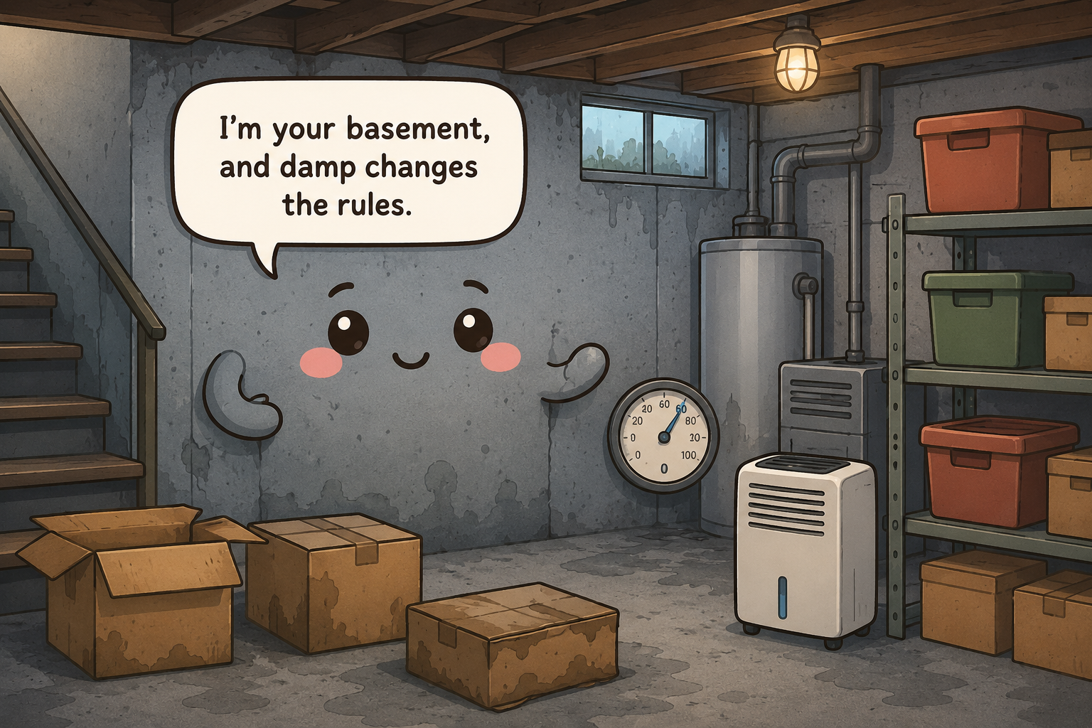 Chibi basement character in a cool gray-blue room with damp concrete, cardboard boxes, a dehumidifier, utility equipment, and shelving