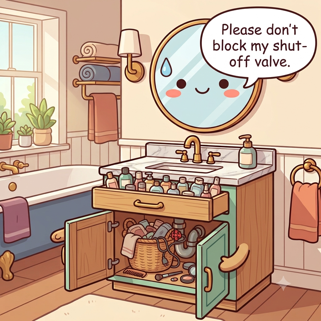 The vanity character strained — backups jammed in the top drawer, loose items rolling in the cabinet, a basket blocking the valve
