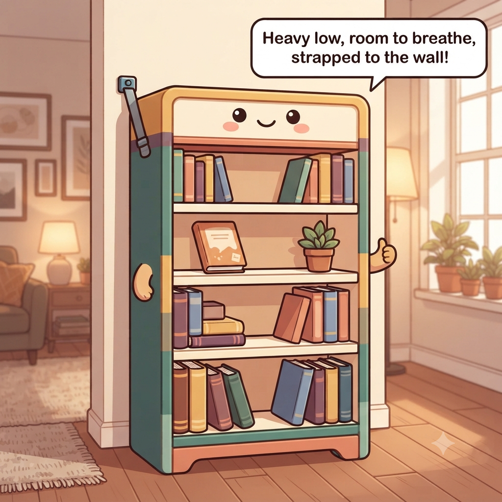 The bookcase character pleased, heavy books low, each shelf with a little space, an anti-tip strap to the wall, a small display