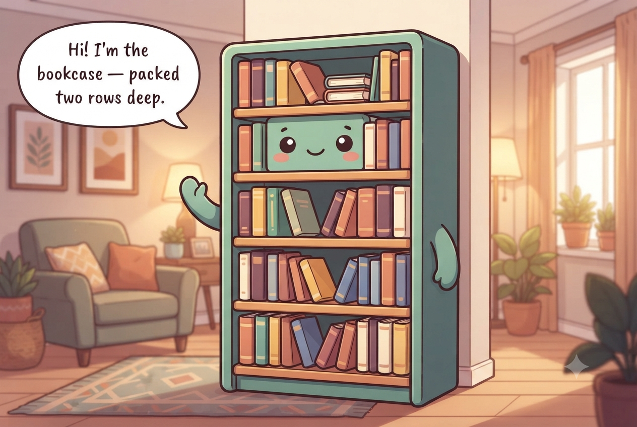 Chibi bookcase character with a friendly face, shelves crammed with books and a sideways stack on top