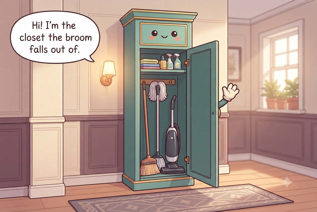 Chibi tall narrow broom closet character with a door open like an arm, a broom and mop leaning inside, a helpful face