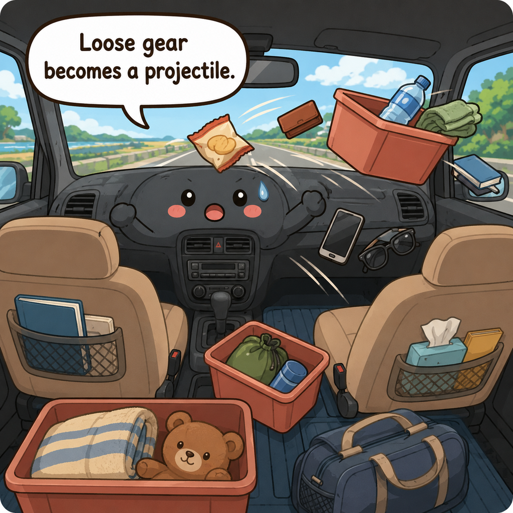 The car character looks alarmed by loose heavy cargo, a blocked windshield, clutter near airbags, and electronics baking in direct sun