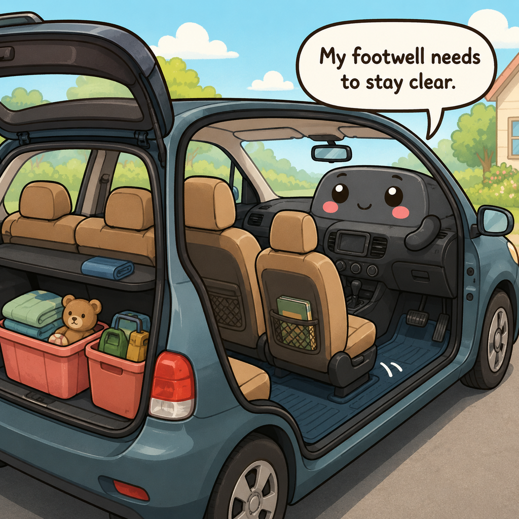 The car character reveals loose items under seats, clutter in the trunk, a clear driver footwell, and heat-sensitive items that should leave the vehicle