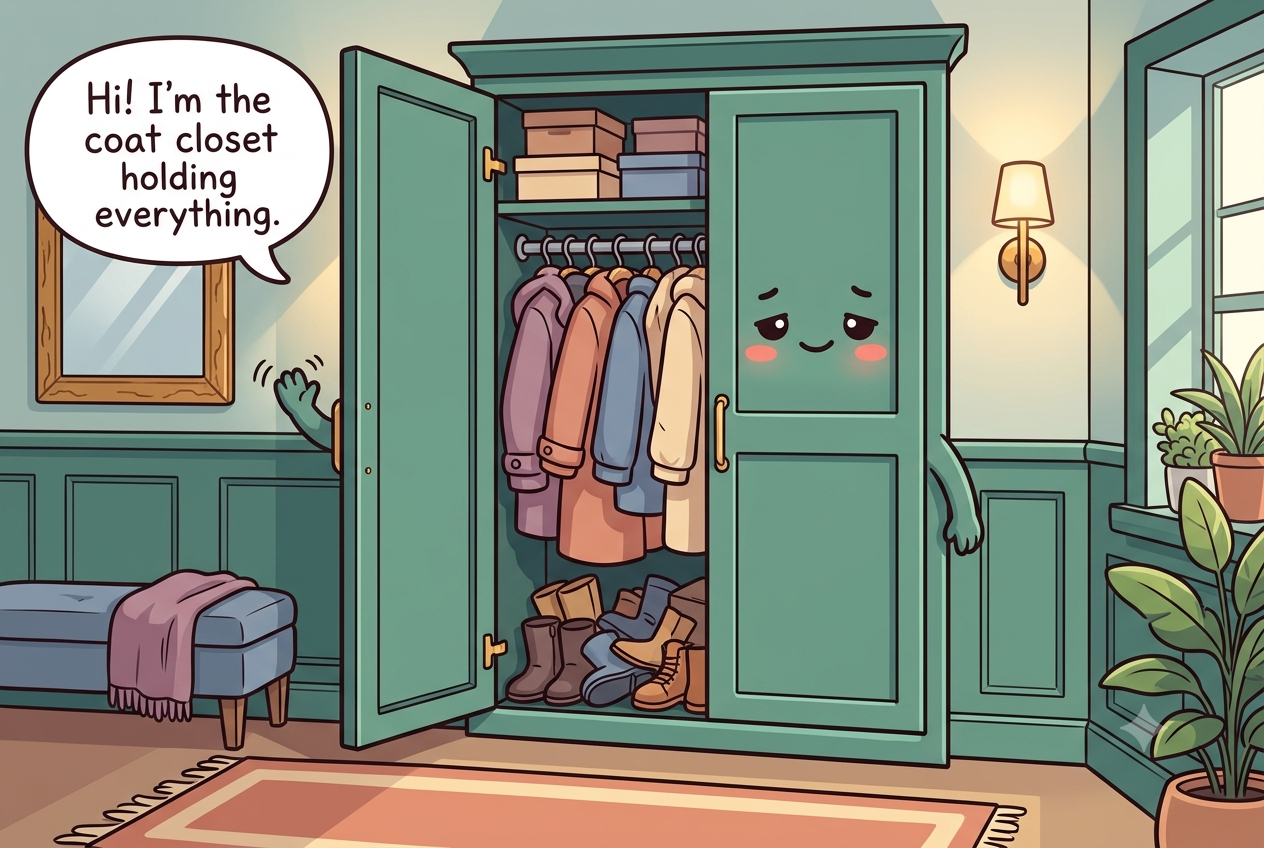 Chibi entryway coat closet character with a door open like an arm, one packed rod, boots piled on the floor, a tired kind face