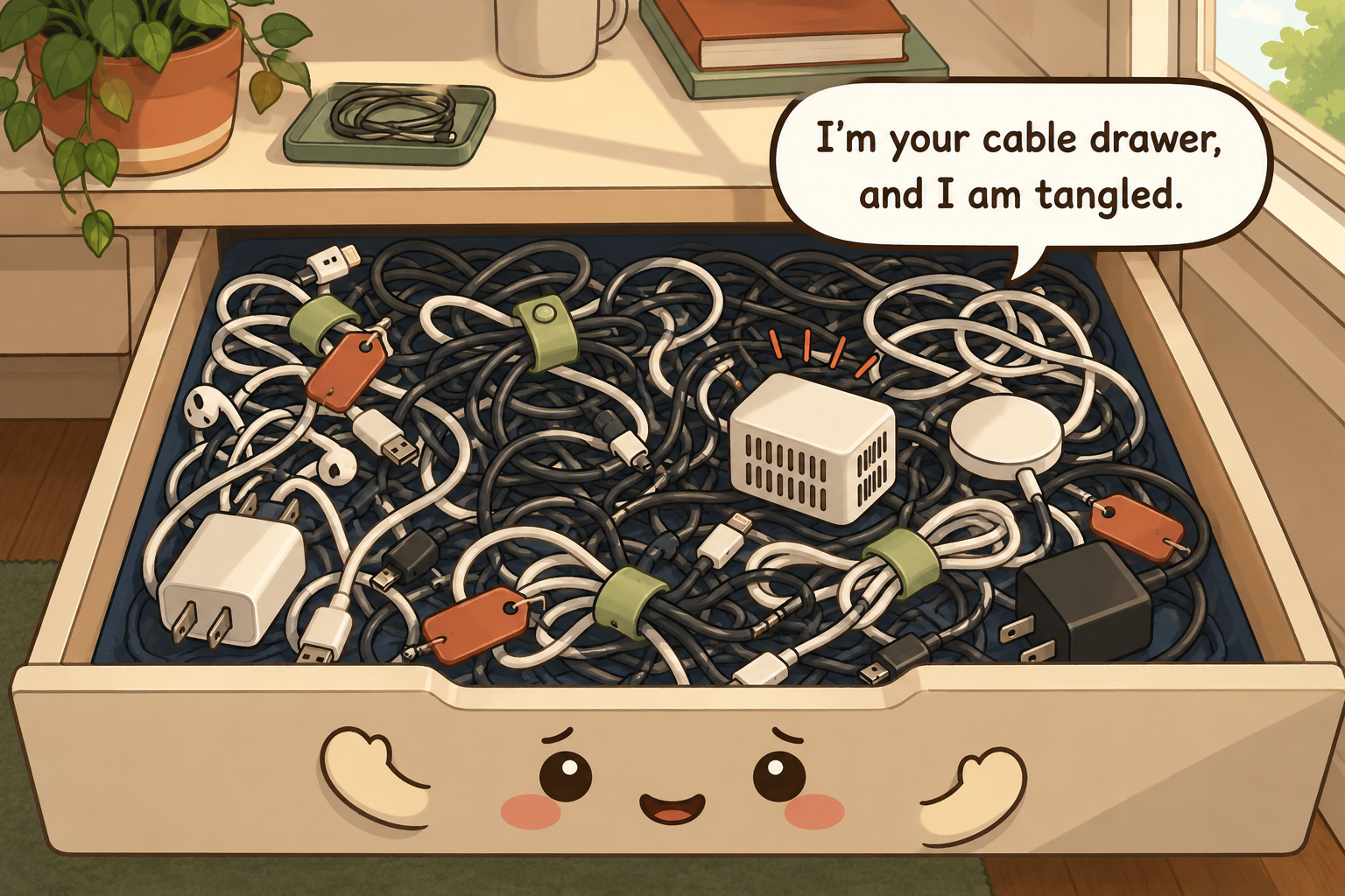 Chibi cable drawer character tangled with charging cords, adapters, power bricks, and mystery cables of different lengths