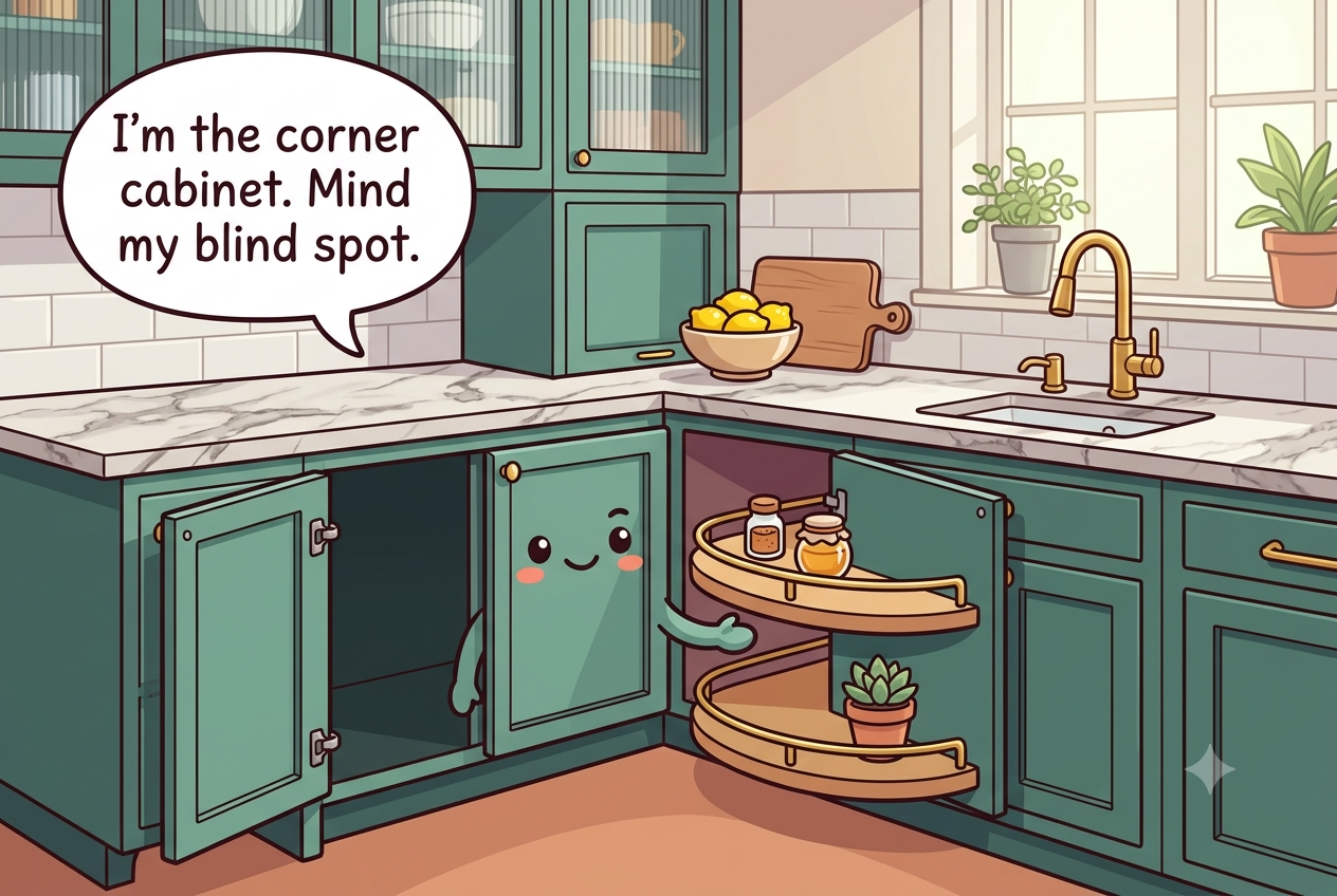Chibi corner kitchen cabinet character with an L-shaped door open, one dark blind bay behind the hinge