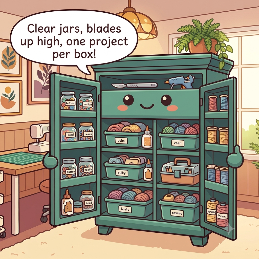 The craft cabinet character pleased, clear labeled jars of small supplies, bulky materials in bins, a project caddy, sharp tools up high