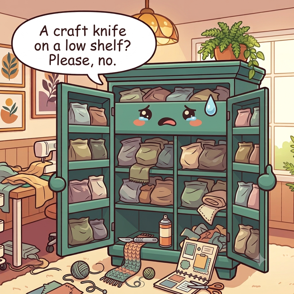 The craft cabinet character overwhelmed, opaque bags everywhere, a craft knife on a low shelf, half-finished projects spilling out