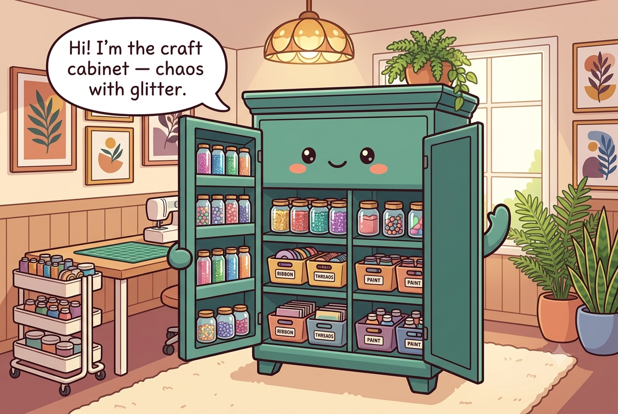Chibi craft cabinet character with doors open like arms, shelves of jars and bins, a bright creative face