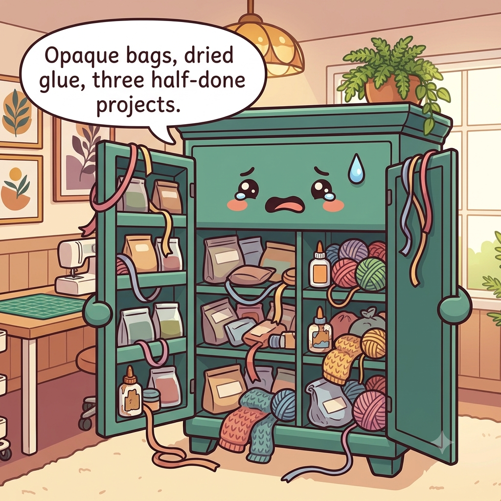 The craft cabinet character showing shelves crammed with unlabeled bags, dried-up glue and tangled supplies