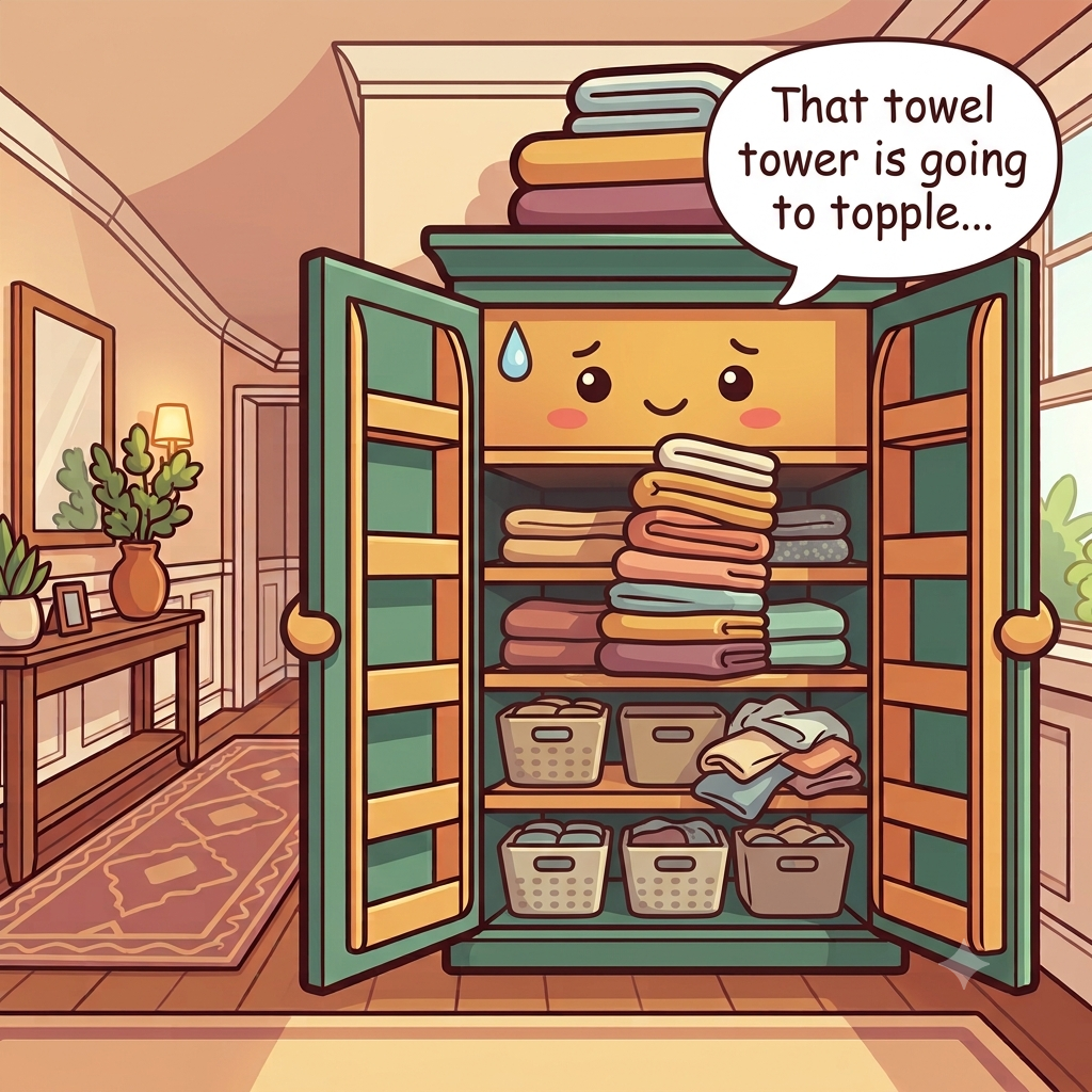 The linen closet character wobbling at a teetering towel tower, hidden rear stacks and unlabeled baskets