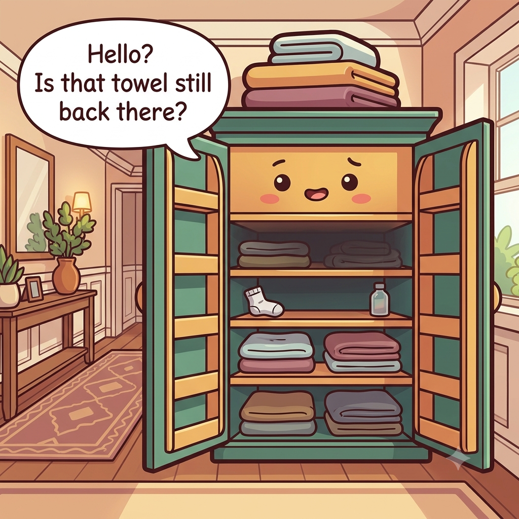 The linen closet character peers into its very deep shelves where items at the back fade into shadow and get lost