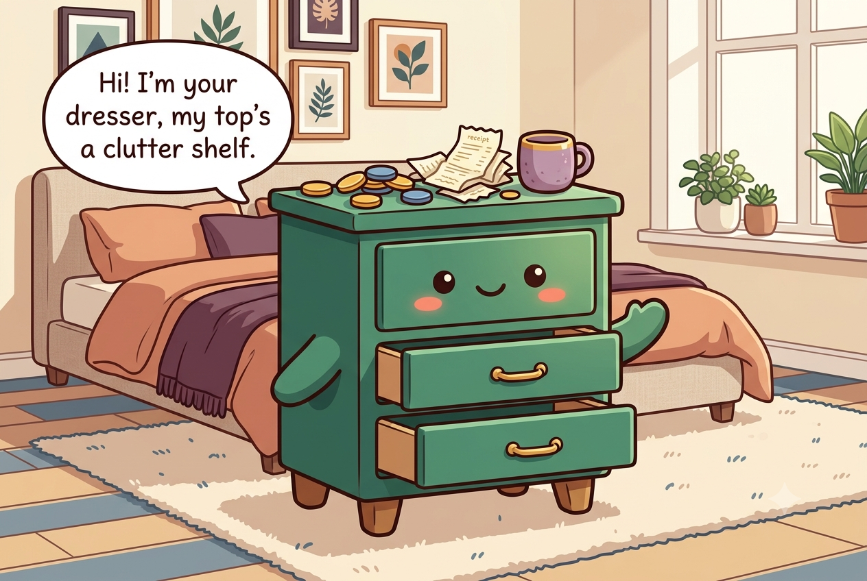 Chibi dresser character with several drawers, short furniture legs, a friendly face, clutter piled on top