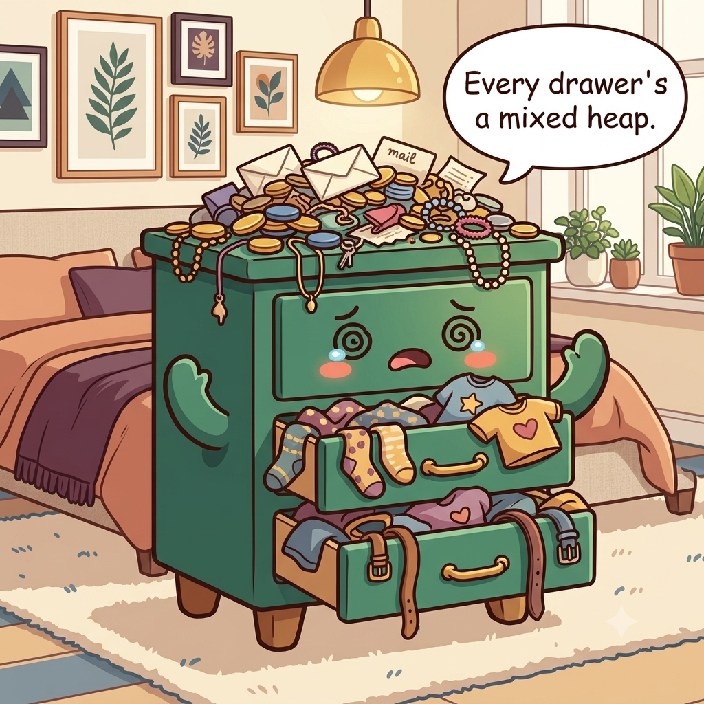 The dresser character with drawers hanging open showing mixed heaps of clothes and a top surface buried in odds and ends
