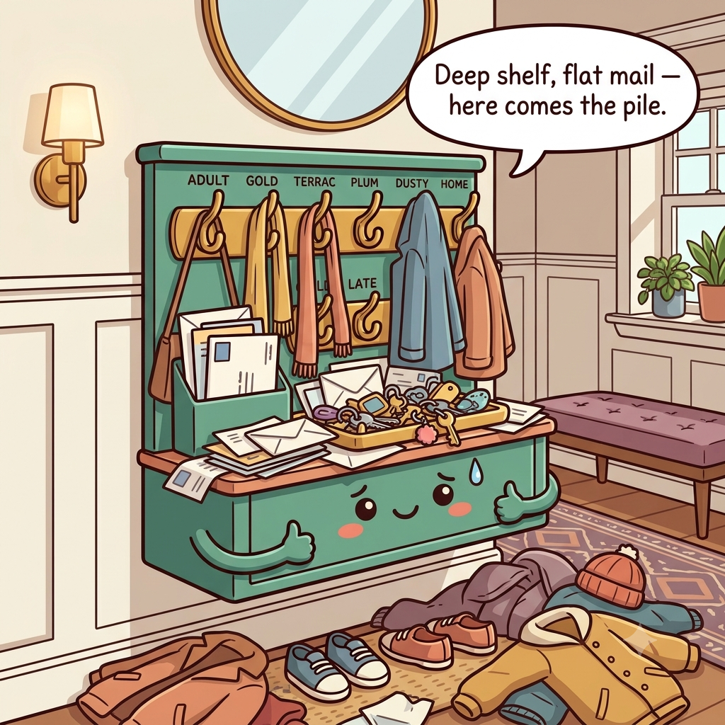The drop zone character buried under a deep console piled with flat mail, a giant key bowl, and coats heaped on the floor