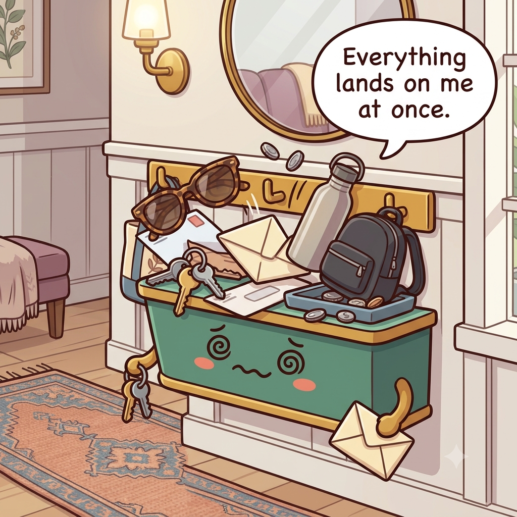 The drop zone character overwhelmed by a jumble of keys, mail, shoes and bags all landing in one spot